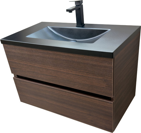 Тъмно дървесен шкаф за баня с черен мат мивка Verona Venge Black